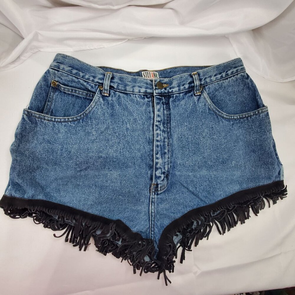 VTG Stefano Womens Size 20 Denim Fringe Shorts Repurposed Upcycled Daisy Dukes